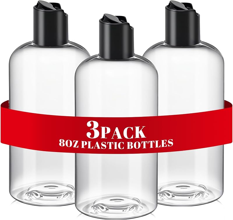 DPLASKA Frascos plásticos transparentes de 240 mL com tampa preta tipo disco, Pacote com 3