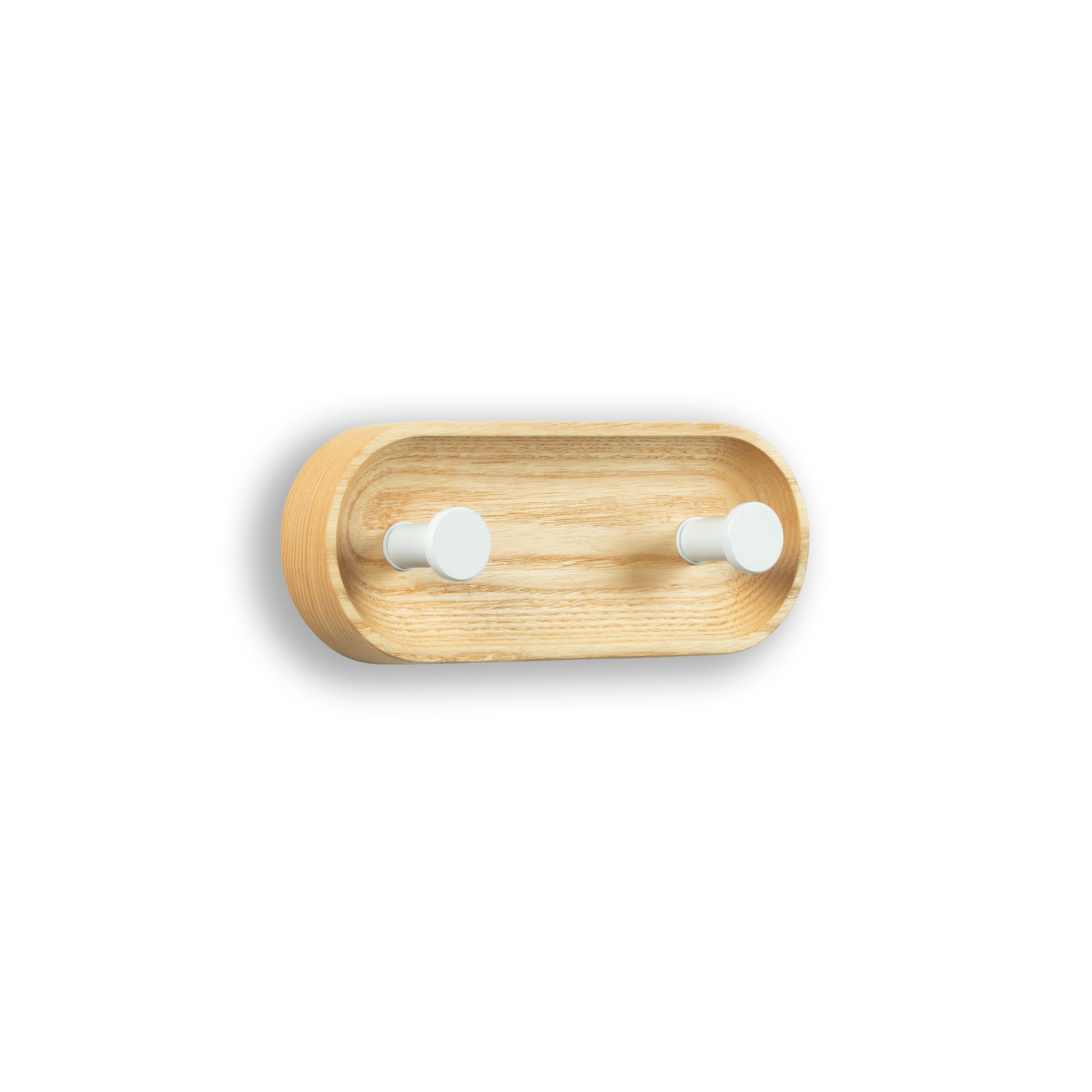 EVI Herrajes | 2-Hook Wall Coat Rack | Solid Ash Wood | White Lacquered Stainless Steel Hooks | Mounting Kit Included | Mod. Cova 2CFRBL