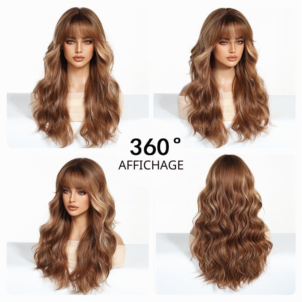 Perruques Longues Ondulées Ombre Ginger pour Femmes avec Franges Cheveux Synthétiques Naturels Perruques Résistantes à La Chaleur pour La Fête Quotidienne Cosplay Wear