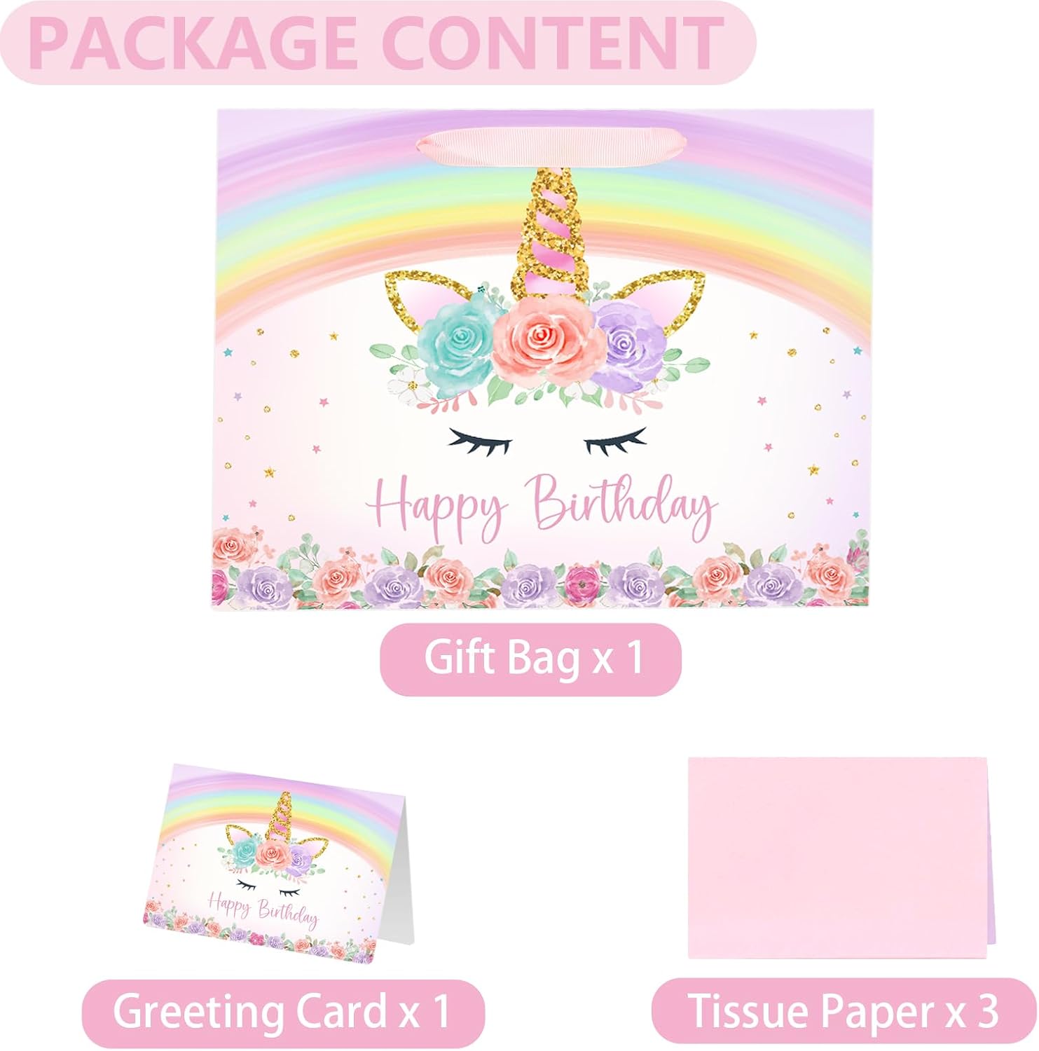 Yusenguan 13" Unicorn Birthday Gift Bag with Greeting Card and Tissue Paper for Baby Girls and Kids Birthday Party (Rainbow Unicorn)