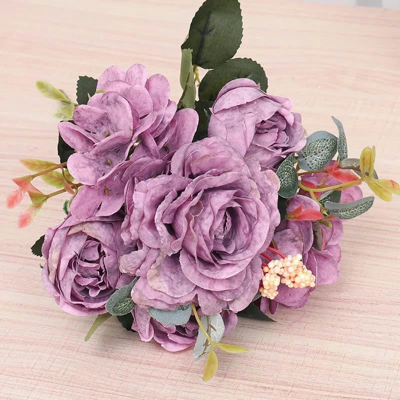 Fiori artificiali autunnali, bouquet da sposa retrò con rose di seta, ortensie, peonie finte, accessori for la decorazione Natale e matrimonio(Purple)