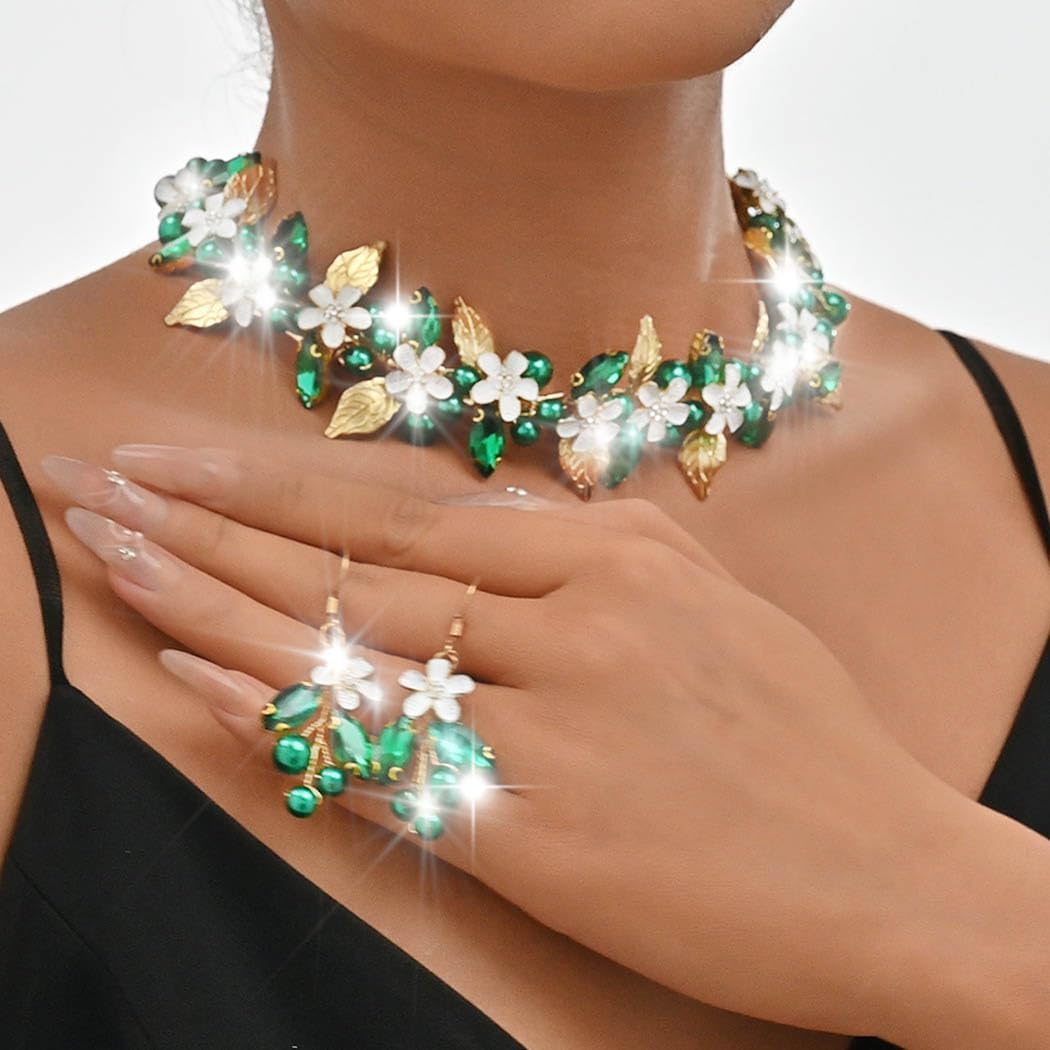 Unicra Flower Bridal Wedding Jewelry Set Gold Green Crystal Necklace Earrings Sets Pearl Formal Costume Jewelry for Women and Brides - Image 7