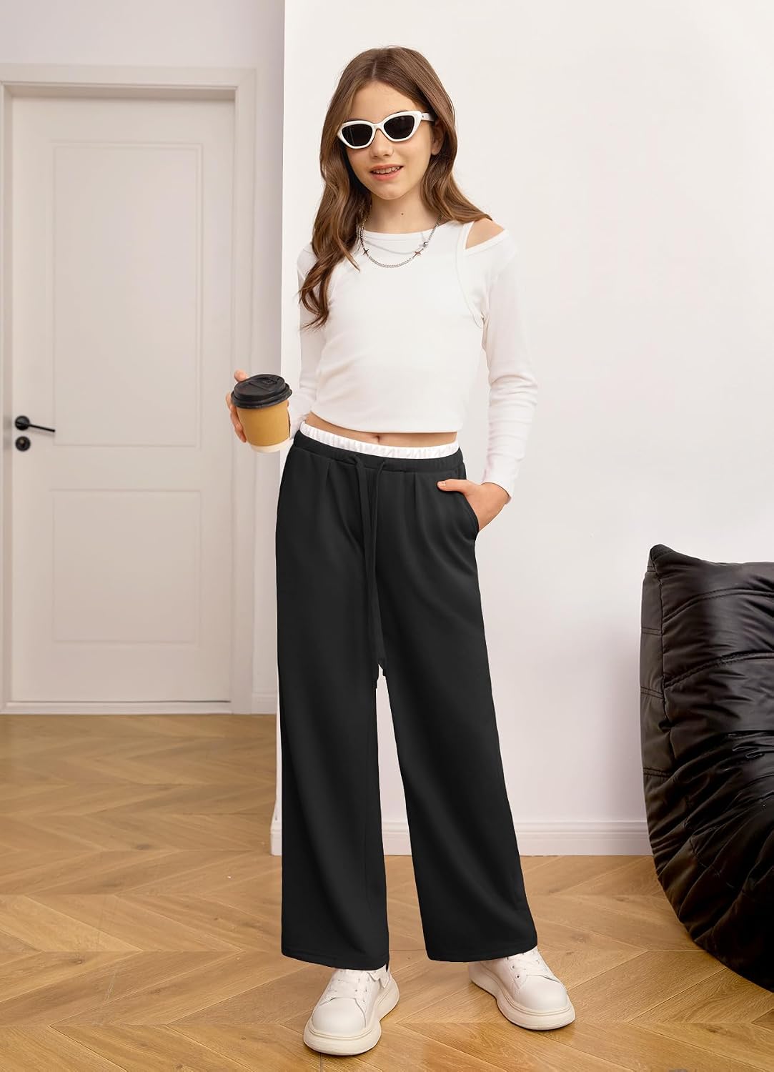 Girls Double Waist Baggy Sweatpants, Comfy Athletic Pants with Pockets for School Sports Outdoor Loungewear, Ages 5-14