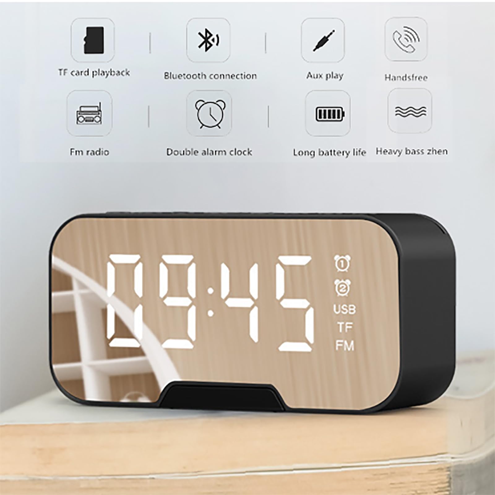 Réveil avec thermomètre et haut-parleur Bluetooth, double mode alarme, batterie longue durée, fonctionnement facile pour chambre à coucher et dortoir, gradation troisième vitesse