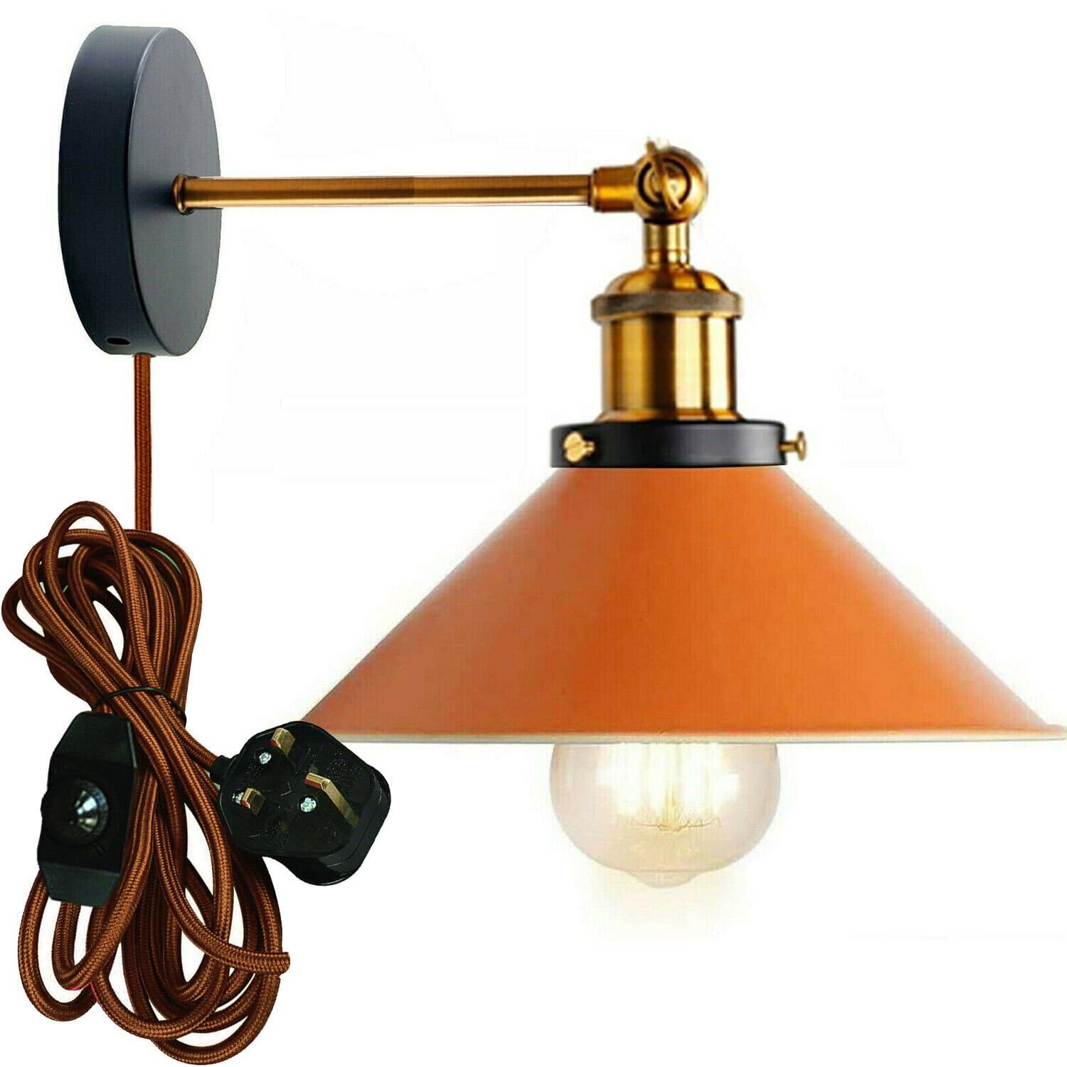 Ledsone Orange Industrial Wall Sconce Adjustable Arm Light Dimmer Switch Plug In 22Cm Metal Cone Lamp Shade With E27 Base Wall Lights For Restaurant Office And Indoor Home Decor