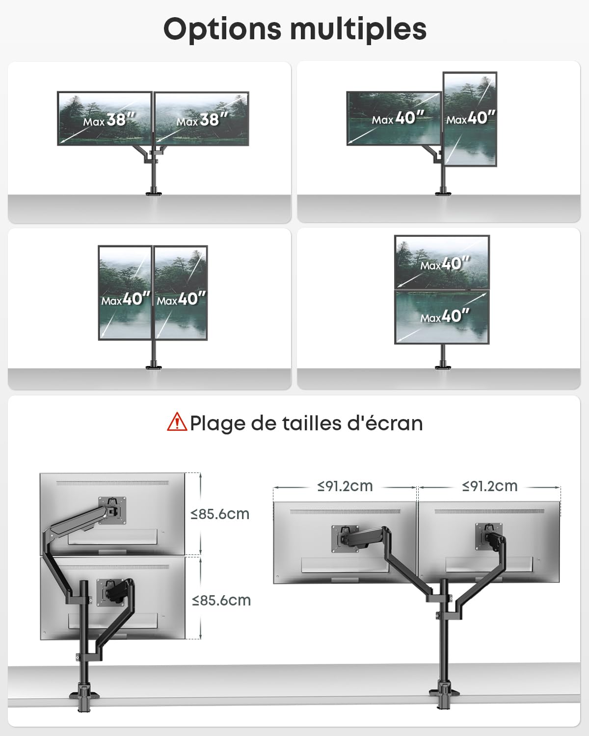 Double Bras pour écrans 17-40 Pouces, à gaz, Mouvement Complet | Design ergonomique, alignement précis, stable & robuste, gain de place, 12 kg par bras, VESA 75/100, Noir