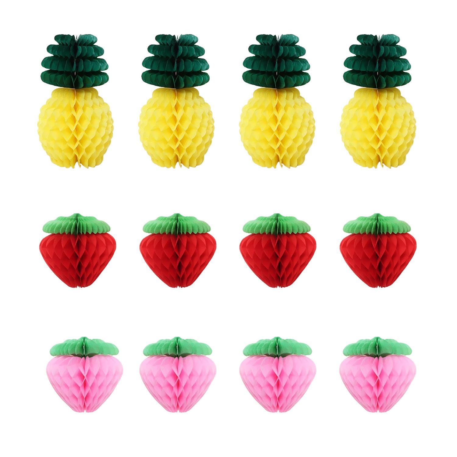 Epcdbbrt Yellow 4 Pineapple & 8 Strawberry Fruit Decorations, Tropical Party Decorations, Summer Occasion