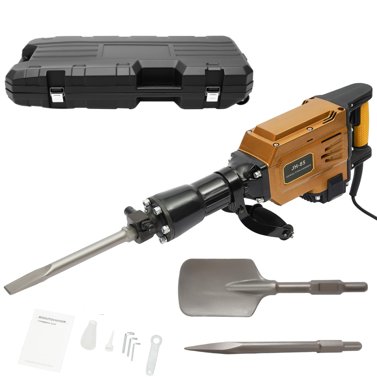 1700W Electric Demolition Jack Hammer Concrete Breaker 360° Rotating Handle Electric Heavy Duty Hammer Digger with 3 Chisels（Scraping/Point/Flat ）& 3 Hex Keys & Portable Box