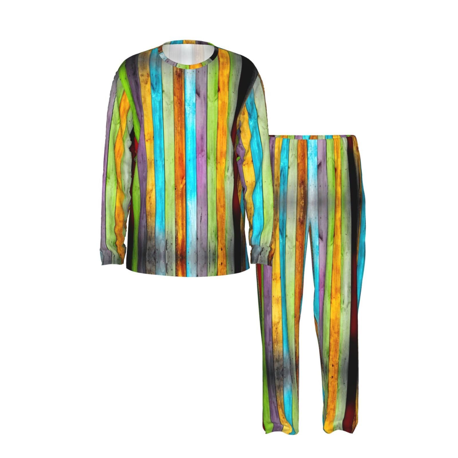 Conjunto de pijama para hombre de manga larga con estampado de tablas de madera coloridas, conjuntos de pijamas suaves para hombre, ropa de descanso cómoda para hombres, tallas S-3XL