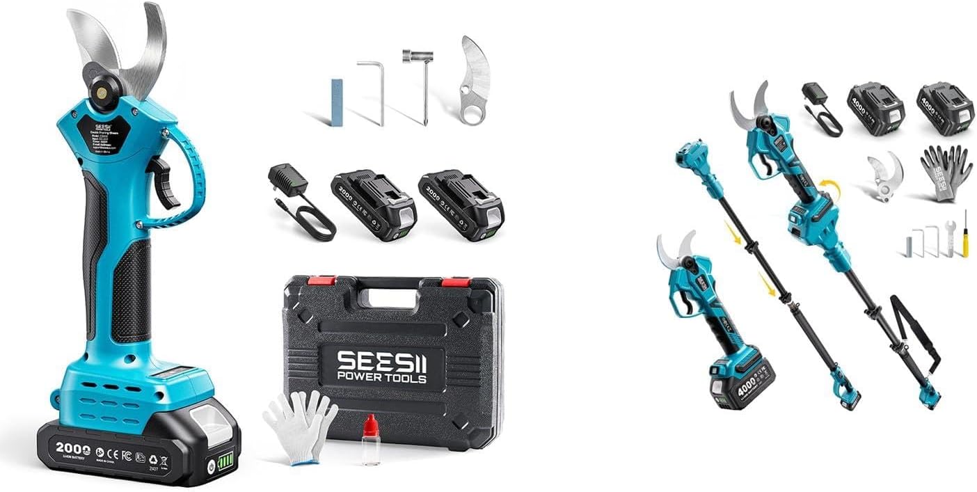SEESII Electric Pruning Shears for Garden: 1.2" Cutting Diameter Cordless Power Pruner+SEESII 2-in-1 Pole Pruning Shears: 1.6" Cutting Diameter Cordless Electric Pole Pruners
