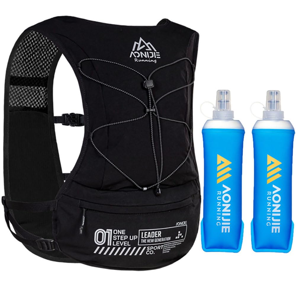 YOUGLE 5L Hydration Backpack for Men and Women Lightweight Breathable Running Vest for Trail Racing Marathon Hiking Fitness (Black+2*soft flask)