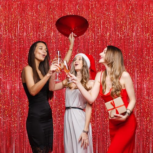 Image of GOER 3.2 ft x 8.2 ft Metallic Tinsel Foil Fringe Curtains Party Photo Backdrop Party Streamers for Birthday,Graduation,New Year Eve Decorations Wedding Decor(5 Packs,Shiny Red)