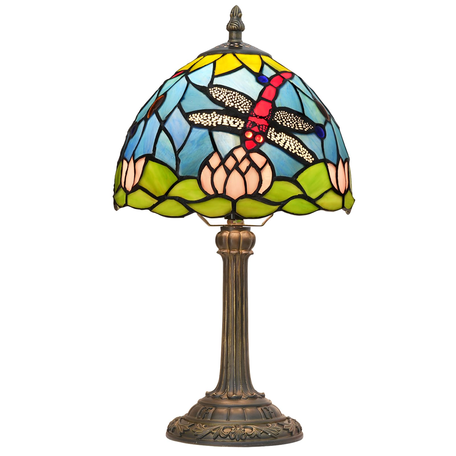 Aioneer Tiffany Style Stained Glass Table Lamp Lotus Flower Dragonfly Blue Pink Green Bedroom Bedside Reading Desk Lights For Office Bar Restaurant Decor Retro Unique Cute Small