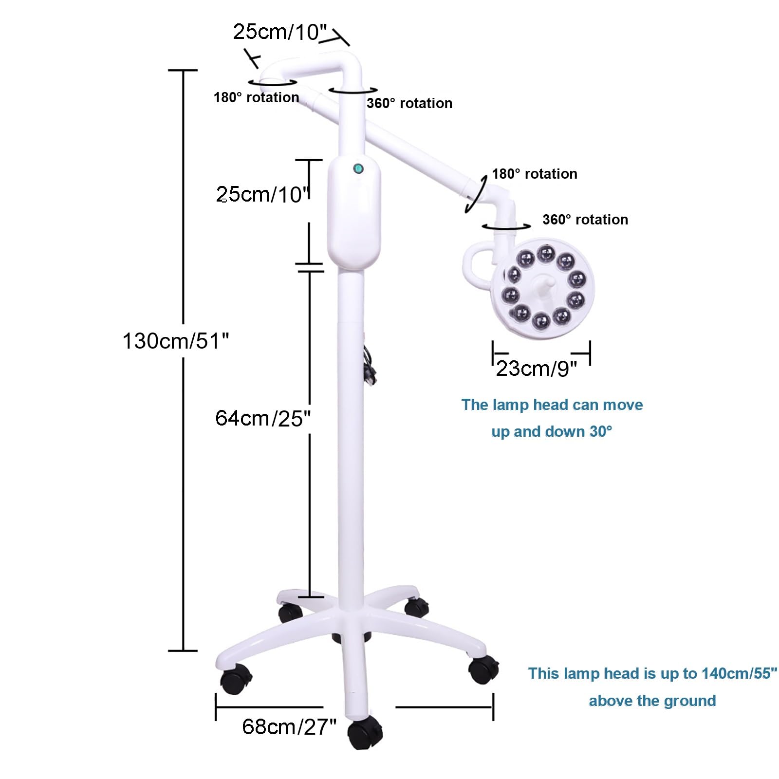 Lampada per Visita Chirurgica Mobile 30W LED Luce Chirurgica Senza Ombre Lampada per Visita Medica per Odontoiatria Bellezza Ginecologia ORL Chirurgia Veterinaria