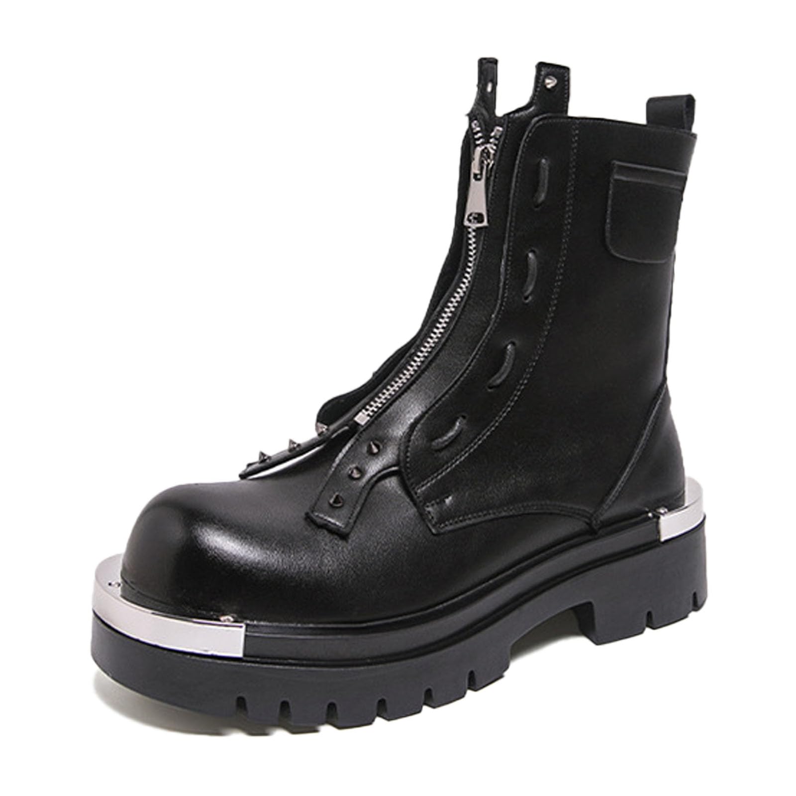 Men'S Leather Chunky Heel Motorcycle Boots With Front Zipper Comfortable Round Toe Non-Slip Lug Sloe Block Heel Platform Collision Avoidance Combat Ankle Boots For Daily Riding Casual Party Work