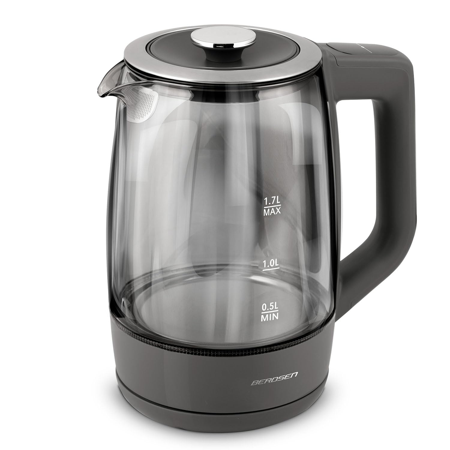 Berdsen Hervidor de agua con ajuste de temperatura, cristal de borosilicato, 1,7 L, función de mantenimiento del calor, panel táctil, indicador de temperatura, iluminación interior gris