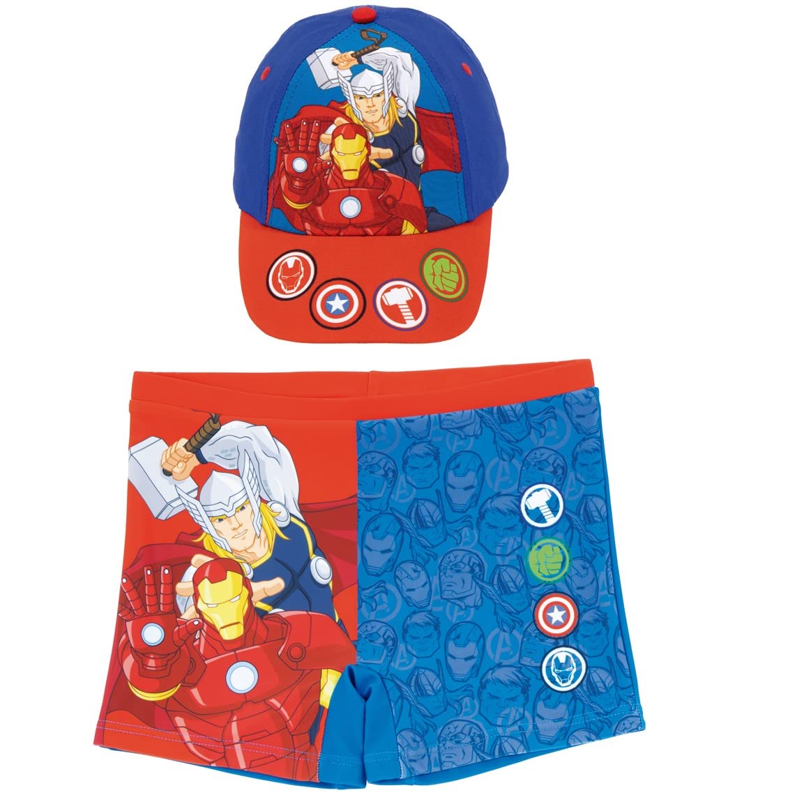 REQUETEGUAYBañador Avengers para Playa o Piscina + Gorra Avengers para Niños | Pack de Bañador y Gorra Marvel | Bañador Avengers Tipo Bóxer + Gorra de Los Vengadores para Niños