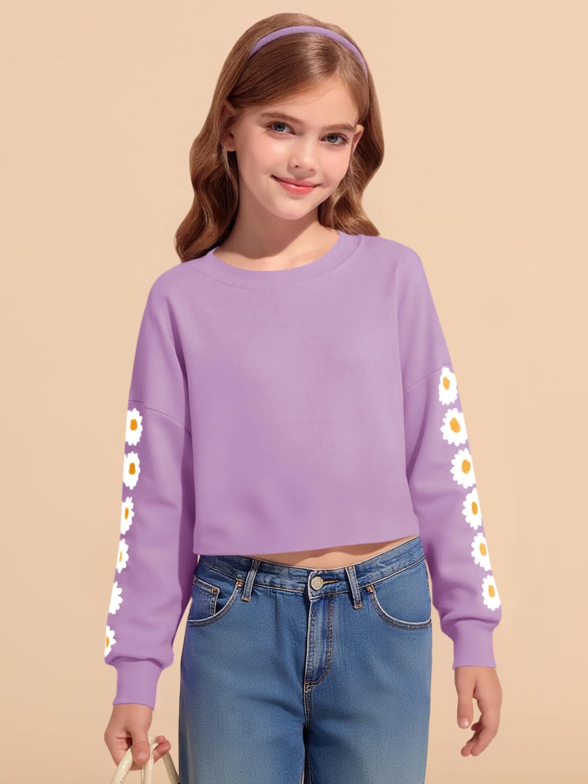 Imily Bela Sudadera corta con estampado de margaritas para niñas, linda sudadera de manga larga para niños