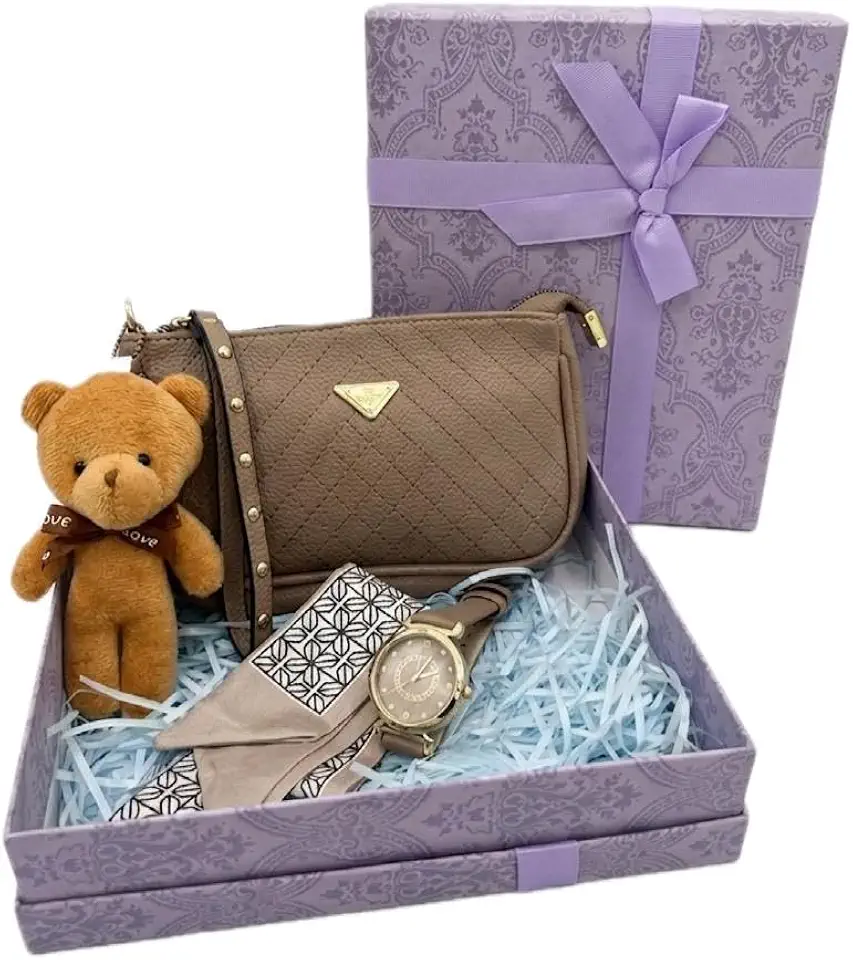 Kit Presente com Bolsa Feminina Pequena, Relógio Feminino, Ursinho e Lenço, Caixa Presenteável Luxo, Pronto para Presentear