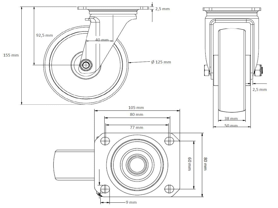 Lenkrolle 125 mm Vollgummi schwarz