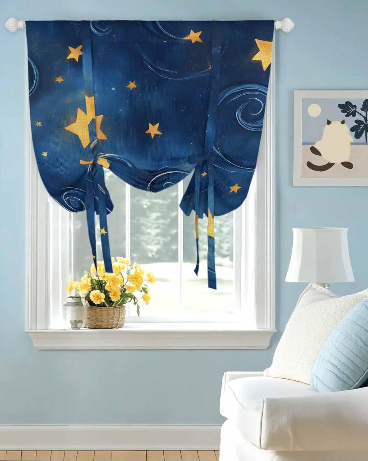 Tie Up Curtain for Windows Blue Starry Sky Balloon Window Shades for Bedroom Bathroom Adjustable Rod Pocket Gold Star Window Treatment Curtains Valance for Kitchen 52" W x 63" L