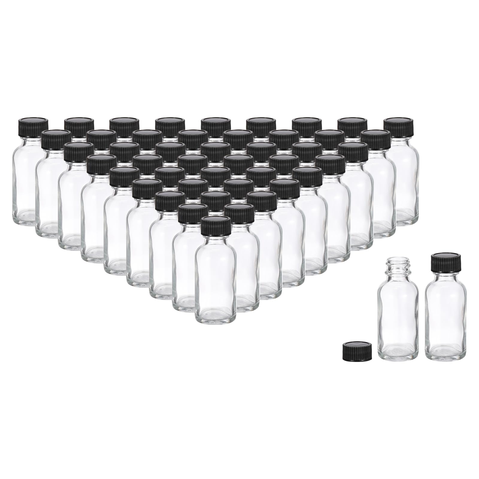 PATIKIL Botellas de muestra de vidrio de 30 ml, 48 botellas dispensadoras redondas con tapa de cono de poliéster negro para líquidos reactivos, jugo, perfume, salsa picante, chupitos de jengibre,