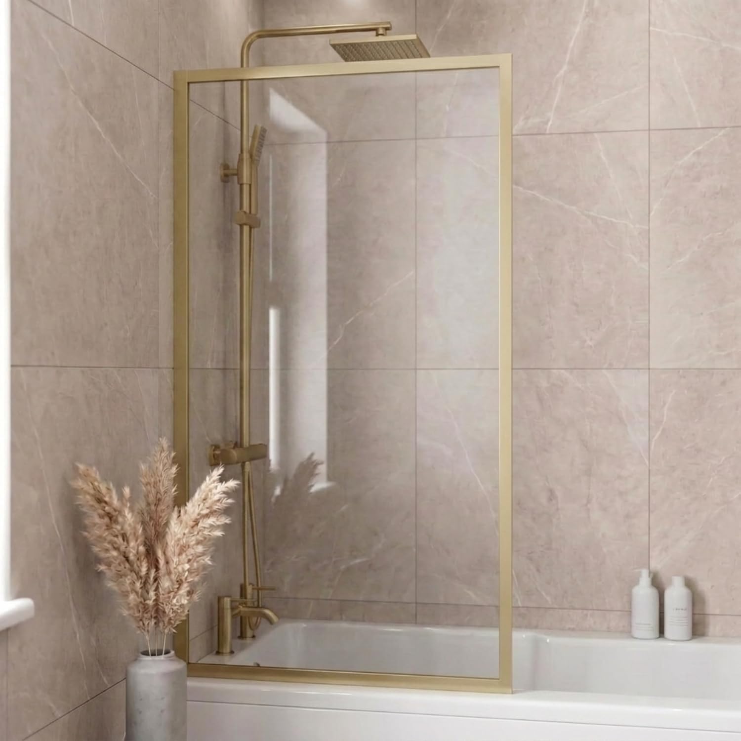 800 x 1400mm Brushed Brass Over Bath Shower Screen Fixed Door Glass Panels & Screens for Baths, Bathroom Framed Square Design, 6mm Toughened Safety Glass