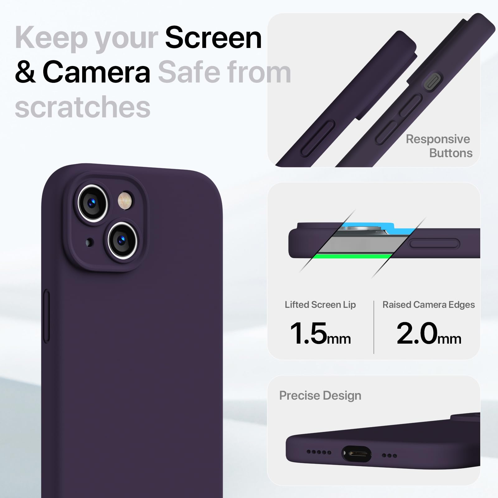 GOODVISH 3 in 1 Silicone Cover per iPhone 15 6.1" (2023), Custodia con 2 Pellicola Protettiva, Case per Cellulare Ultra Sottile Antiurto Resistente [Protezione Fotocamera], Viola Scuro