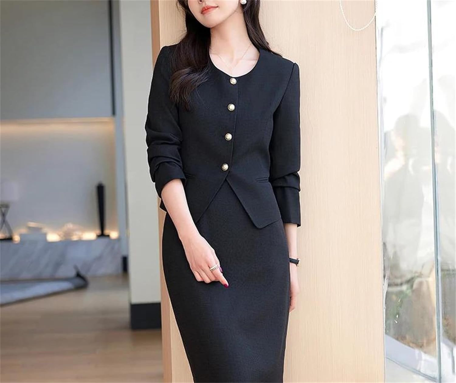 Women’S Vintage Tweed Two Piece Sets Outfits Fringed Jacket Coat and Long Skirt Suits Solid 2 Piece Pencil Skirt Sets