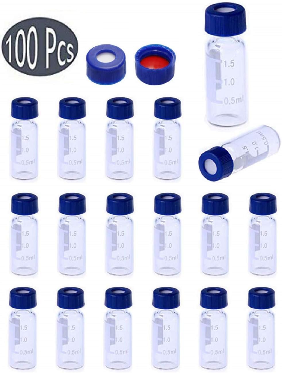 Moonter Autosampler Vials, 2ml Clear Sample Vials with Write-on Spot and Graduations 9mm Blue Screw Cap with Hole + Red PTFE/White Silicone Septa for 9-425 Screw Top Vial, Set of 100 (B)