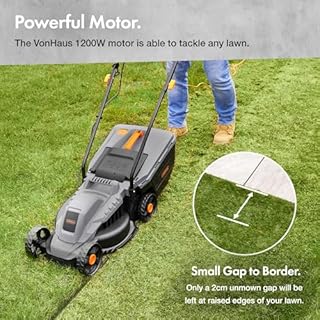 VonHaus Lawnmower 1200W – Electric Corded Lawn Mower for all Types of Grass – 30L Collection Bag, 320mm Working Width, 10m Cable, Foldable Height Adjustable Handlebar, 3 Depth Settings, Carry Handle
