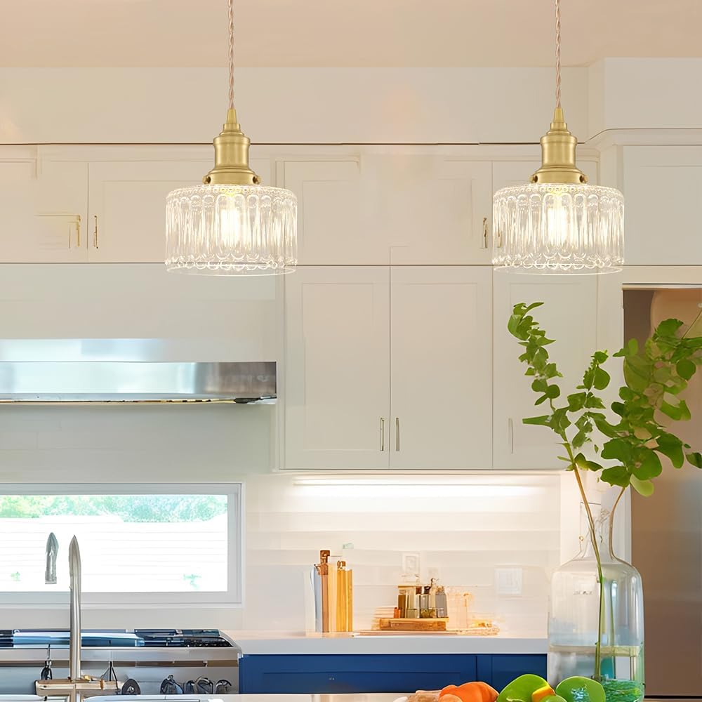 Vintage Pendant Light Set of 2, Brushed Gold Pendant Lights Kitchen Island with Clear Glass, Brass Kitchen Island Light Adjustable Hanging Light for Entrance Living Room Bathroom Dining Room Hallway