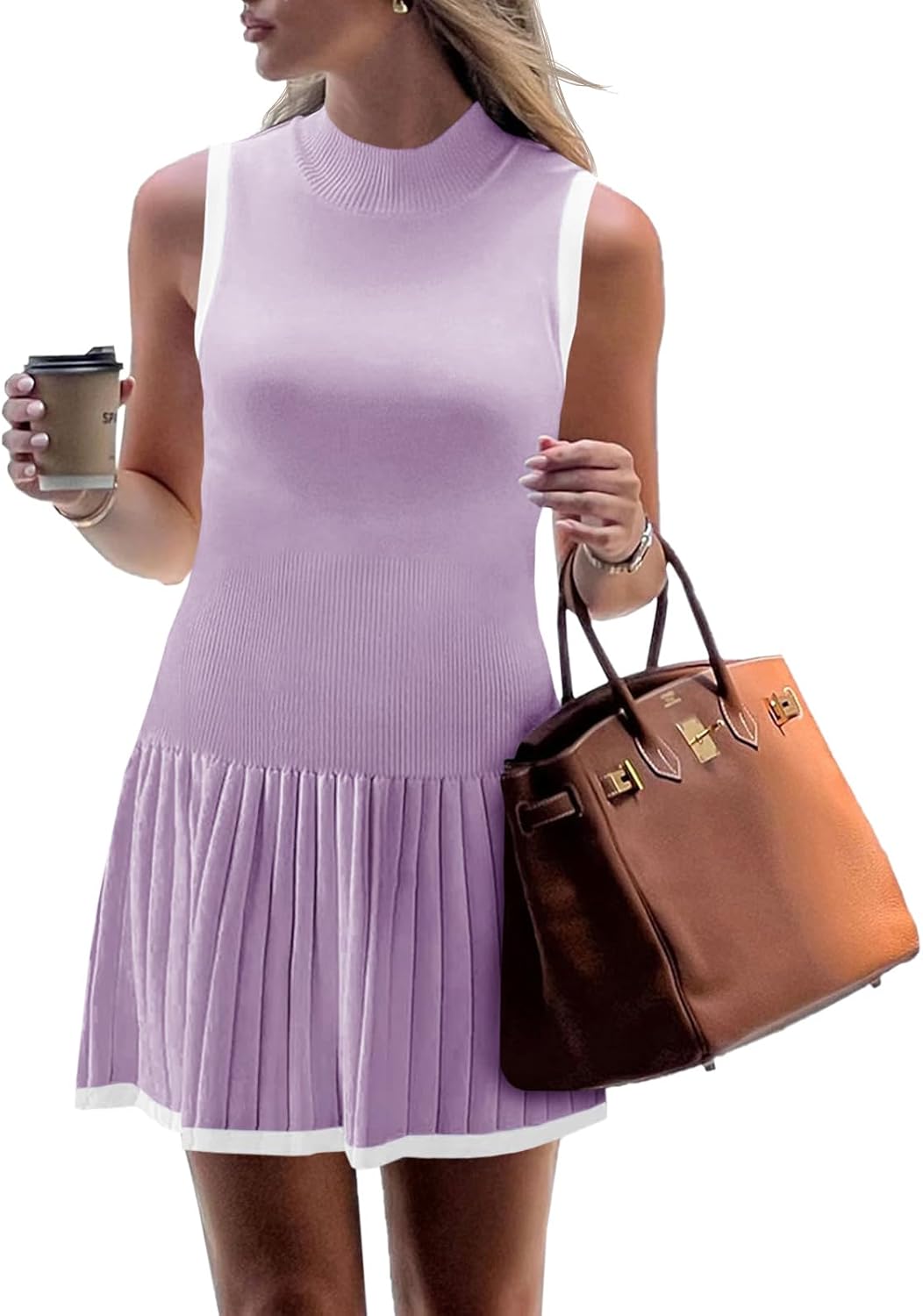 Wenrine Womens Sleeveless Summer Mini Dress Mock Neck Ribbed Knit Ruffle Pleated Casual Tank Dress