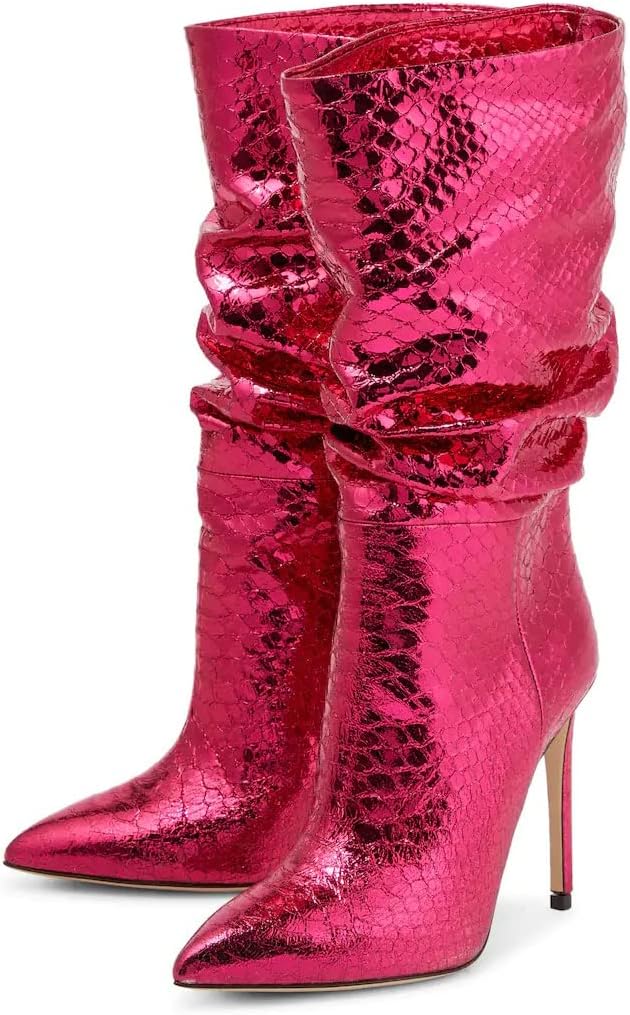 Arqa Metallic Boots For Women Stiletto Heel Slouchy Mid Calf Boot with Snake-pattern Pointed Toe Booties