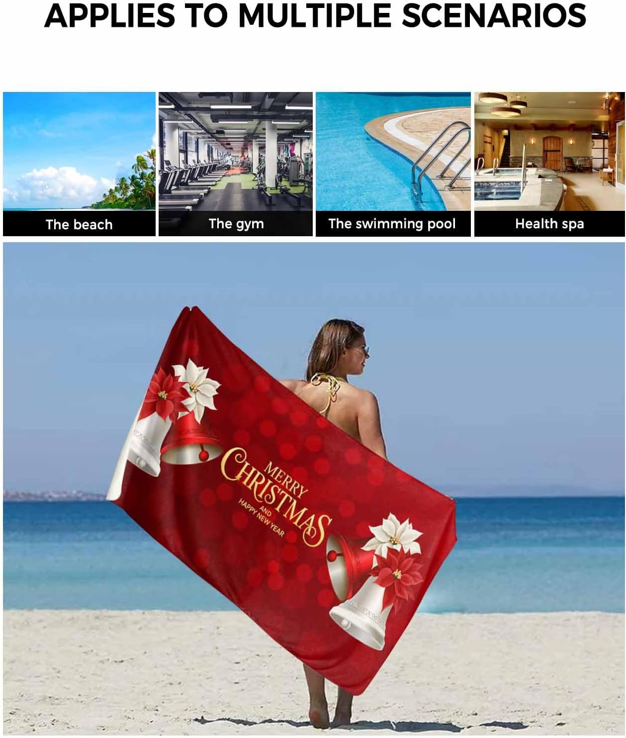 Merry Christmas 3 Piece Bath Towels Set, Xmas Bells Poinsettia Winter Holiday Soft & Absorbent Towels for Bathroom, Hotel (1 Bath Towel 30x60, 1 Hand Towel 16x28, 1 Washcloth 13x13)