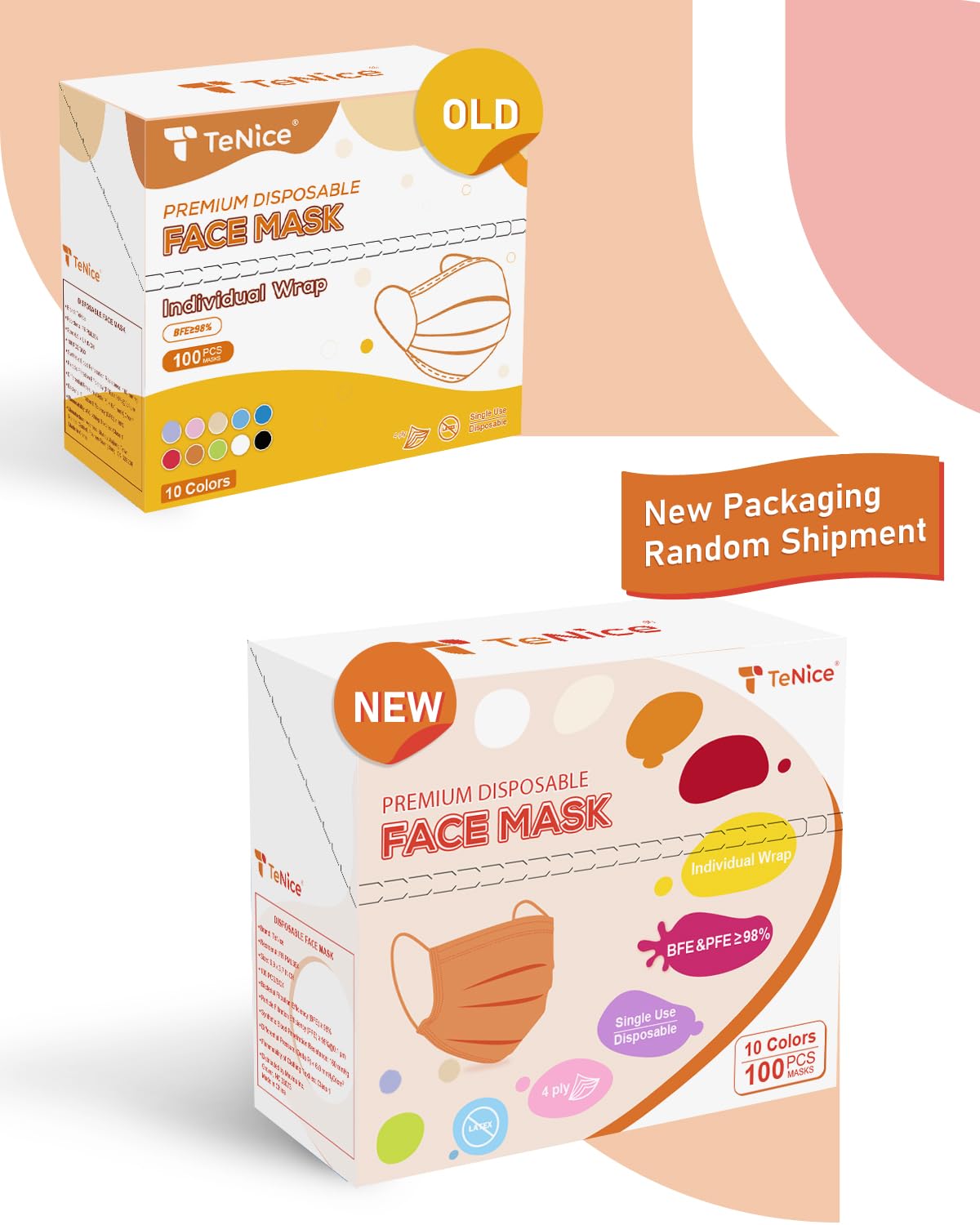 TeNice Masks Disposable 100 Pack, Colorful Face Mask for Adults, Individually Wrapped 4 Ply Extra Protection, ASTM Level 3 Medical Grade HSA FSA Eligible, Pastel Dreams 10 Colors