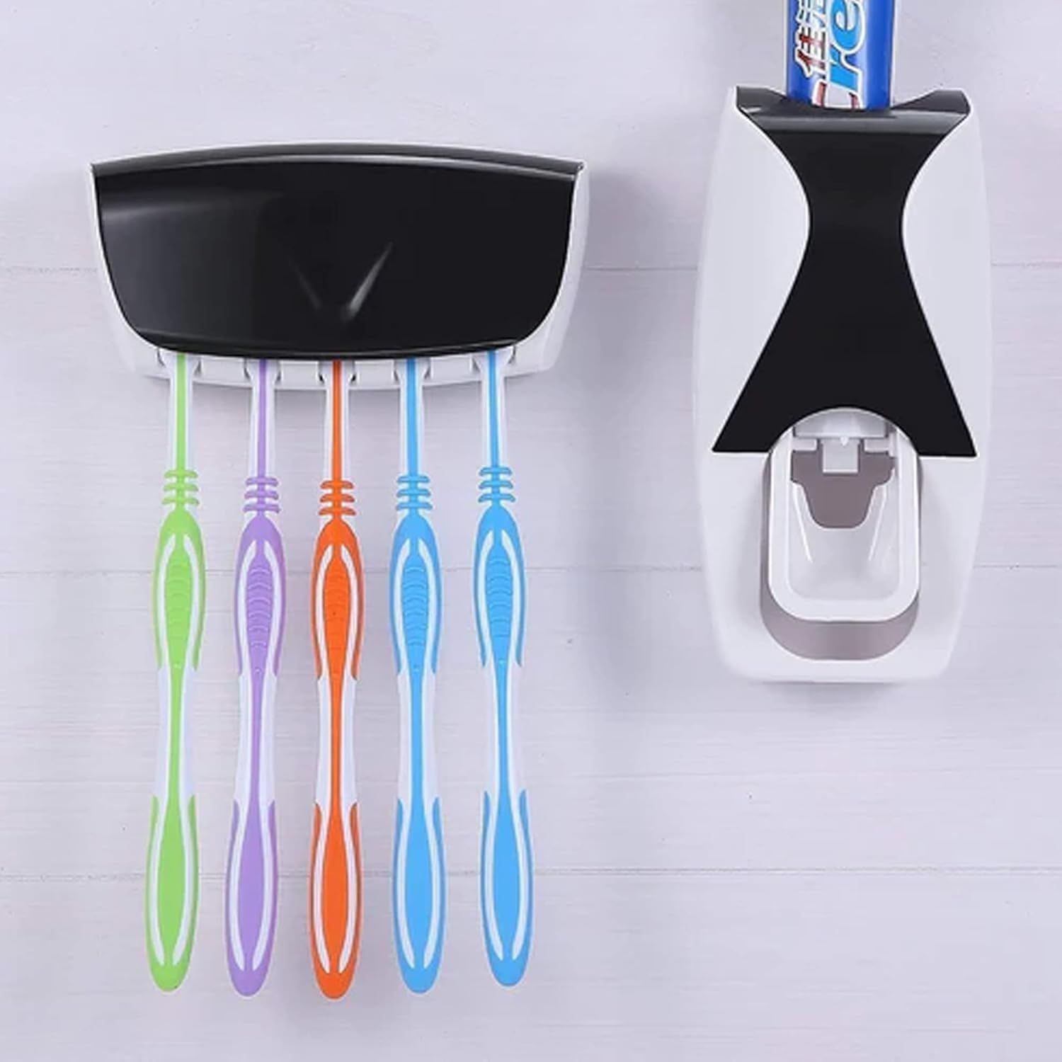 Hands Free Wall Mounted Plastic Dust Proof Automatic Toothpaste Dispenser and Detachable Hole 5 Toothbrush Holder, Multicolor-image-43