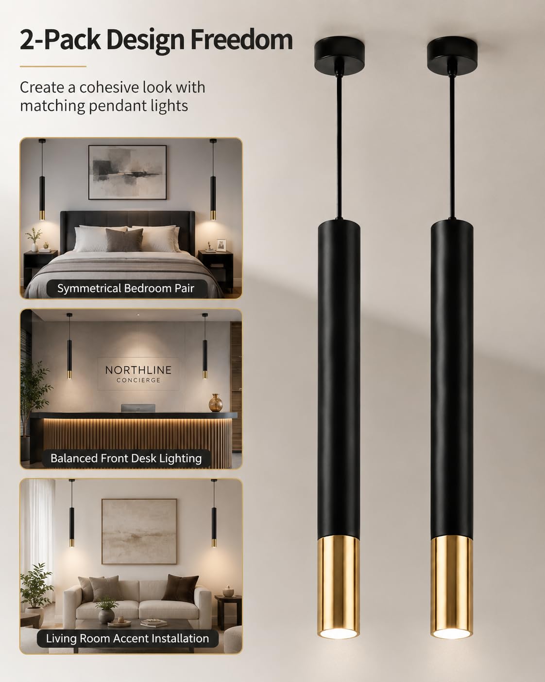 Lámpara colgante for isla de cocina, 2 paquetes lámpara techo cilíndrica 19,69 pulgadas, noche for dormitorio con iluminación 5W 4000K, barra tubo largo, cable UL, luz empotrable ajustable