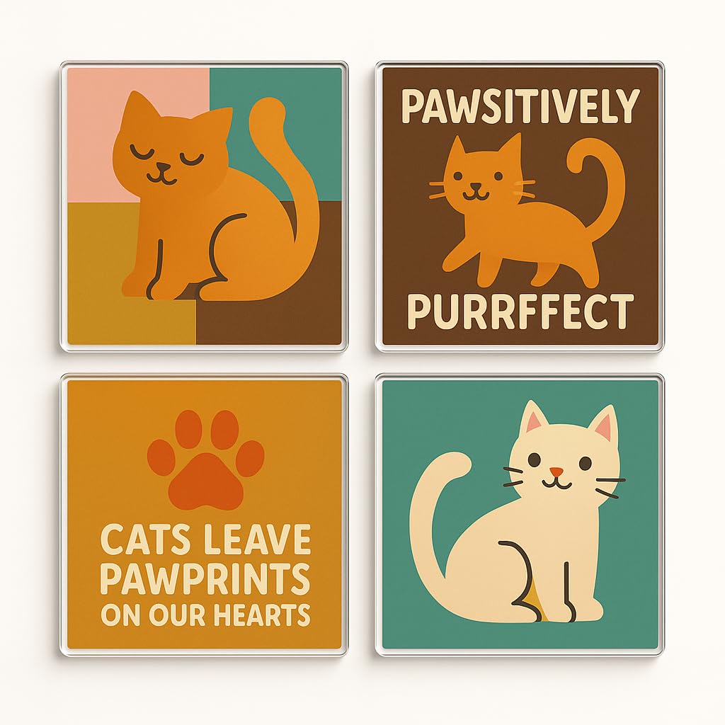 The Plum Penguin Purrfectly Playful Acrylic Coaster Set Of 4 With Cat Design - Whimsical Home Decor For Pet Lover Gift