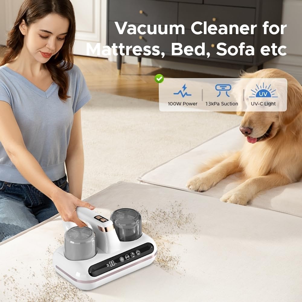 Vxoyo Aspirateur Matelas, Aspirateur de Matelas sans Fil 4 en 1 avec Lumière UV et Écran LED, Aspirateur à Main Anti-Acariens à Double Coupelle, à Ultrasons et à Forte Aspiration pour Lit