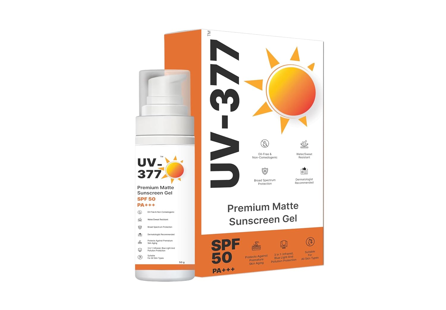 UV-377 Premium Matte Sunscreen Gel SPF 50 PA+++ 3-in-1 Protection 50g