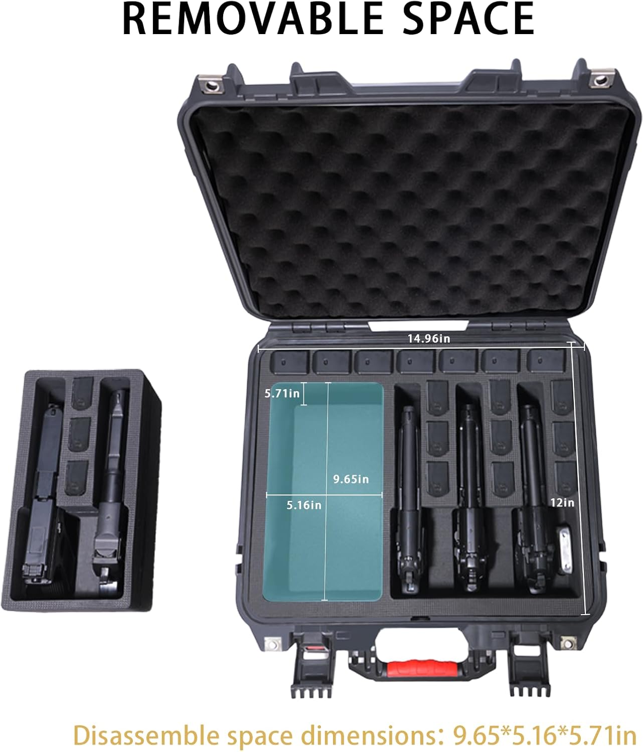 Hard shell protective storage case, capable of holding multiple handguns, pre-cut heavy-duty waterproof and dustproof hard shell design, includes silicone canisters and gun holsters, black.