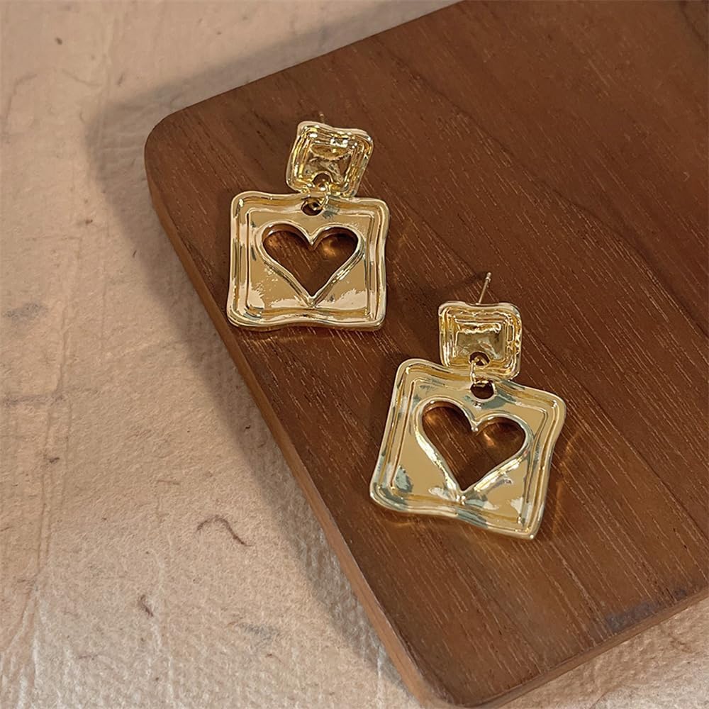 Gold Square Heart Carved Dangle Drop Statement Earrings for Women Jewelry - Image 2