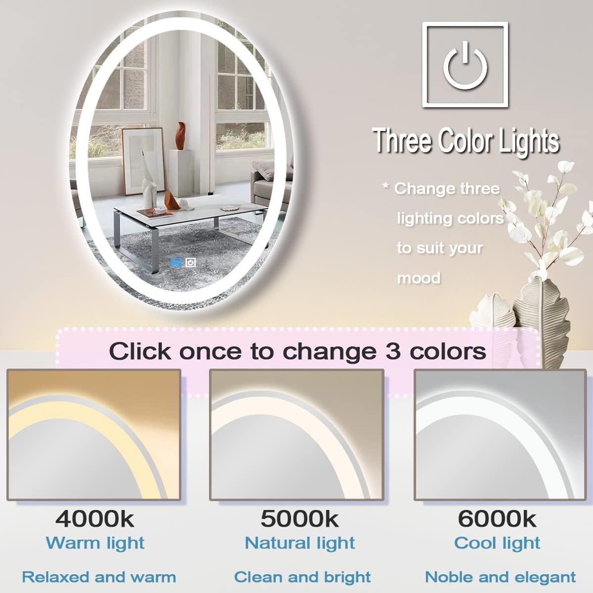 24 x 32 Inch Oval Vanity Mirror with Lights Oval LED Mirror for Bathroom Wall Mounted Oval Lighted Mirror Dimmable 3 Color Light Oval Mirror Anti Fog 32" Bathroom Oval Smart Light up Mirror
