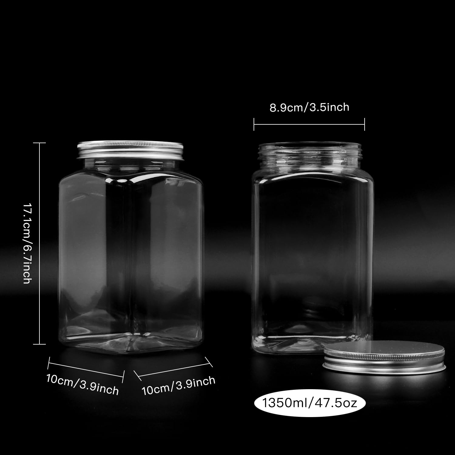 Lainrrew Confezione da 6 barattoli in plastica, di grande capacità, da 1346,6 g, contenitori quadrati in plastica con coperchio, per cucina, artigianato, impilabili, adatti per alimenti, senza BPA
