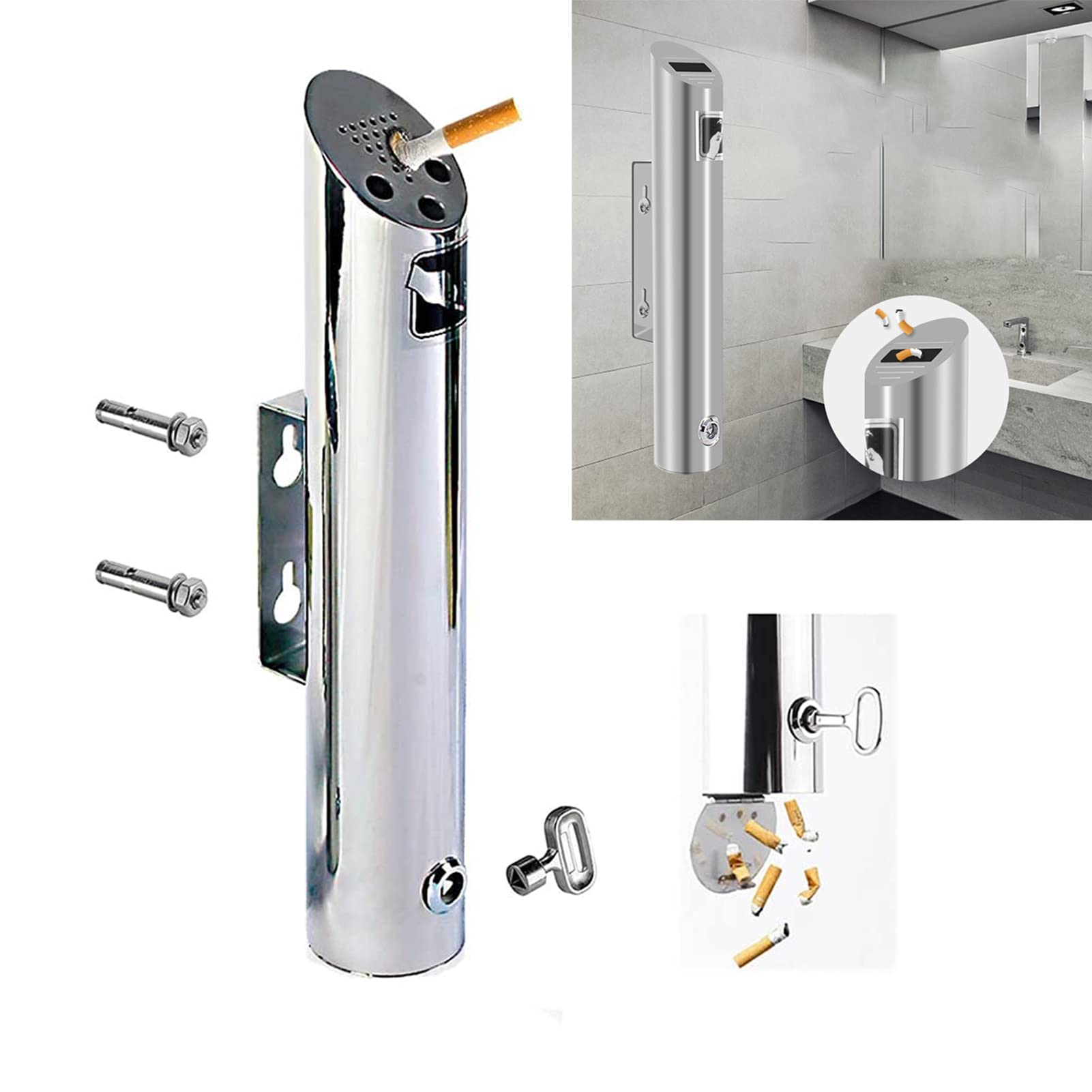ashtray， Outdoor Ashtray Cylinder Wall Mounted Stainless Steel Cigarette Ash Tray Lockable Cigar Ashtrays Large Commercial for Hotel