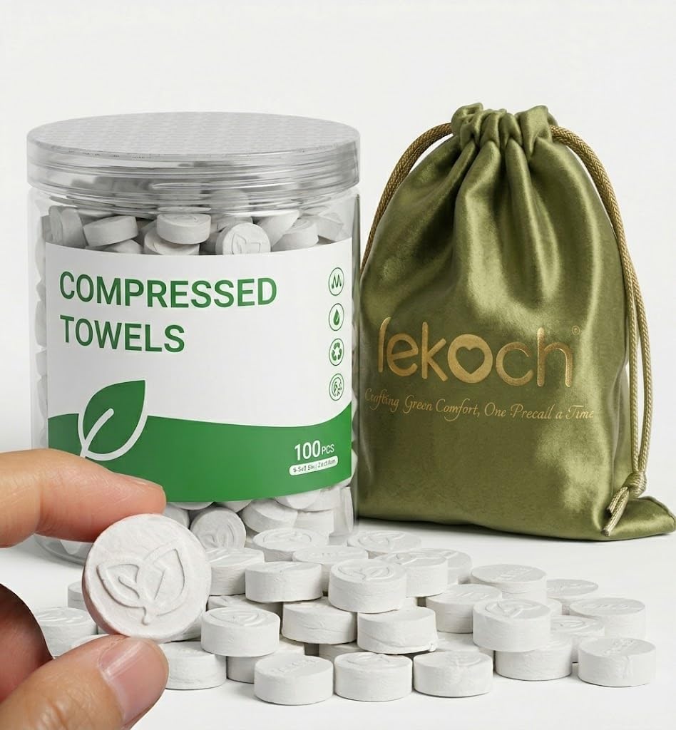 LEKOCH Bamboo Compressed Towel Tablets - Biodegradable & Eco-Friendly Mini Washcloths, Bulk Disposable Towels for Travel, Camping, Gym | Portable, Moisture-Proof - 100/250/500 Pack
