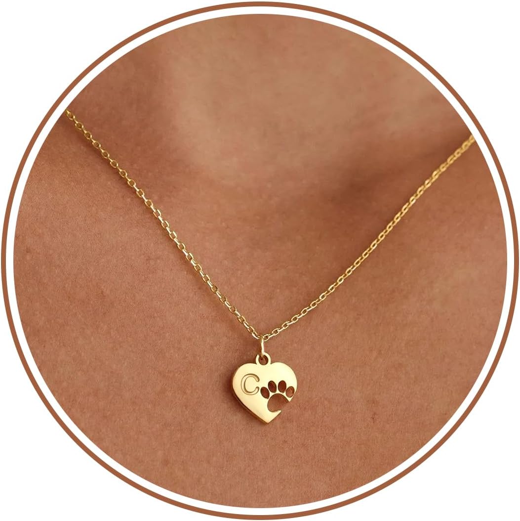 Memorial Gifts for Dog lover Cat lover Initial Neckalce for Women with Paw Dainty 14k Gold Plated Heart Necklace Mothers Day Dog Mom Gifts Birthday Gift for Pet Lovers