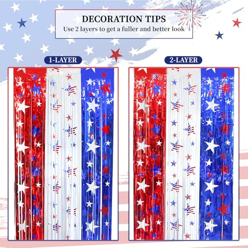 Image of 4th of July Independence Decorations, 2 Pack Red White Blue Star printed Foil Fringe Curtains for Patriotic Memorial Day Day Decor, Citizenship Party Supplies, Backdrop Streamers, 3.3 x 6.6 FT