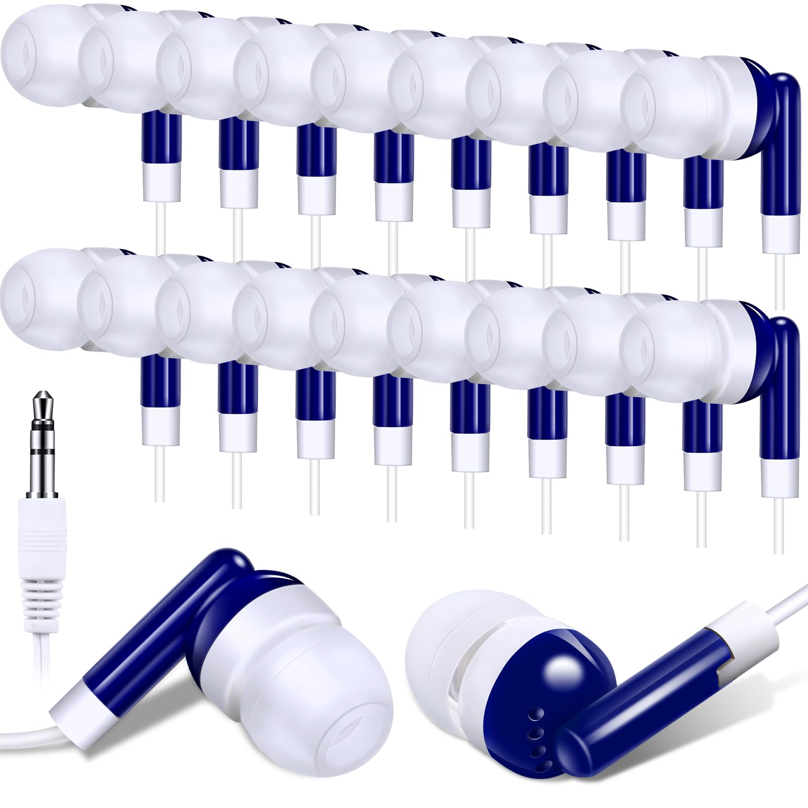Konohan Lot de 100 écouteurs intra-auriculaires en vrac pour salle de classe, étudiant, pour enfants, écoles, bibliothèques, ordinateurs portables, écouteurs 3,5 mm, emballés individuellement (bleu)